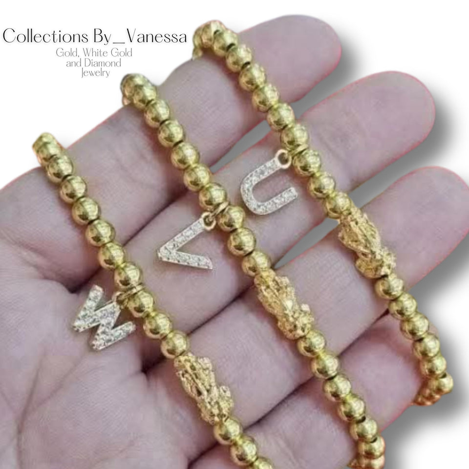CBV Piyao Initial Bubble Bracelet | Real 18k Gold Piyao | Genuine Stainless Steel Beads and Pendant
